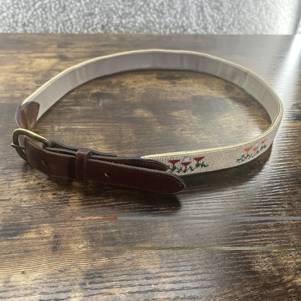 Vintage Golf Theme Needlepoint Belt Men's Size 35 Leather Solid Brass Buckle USA